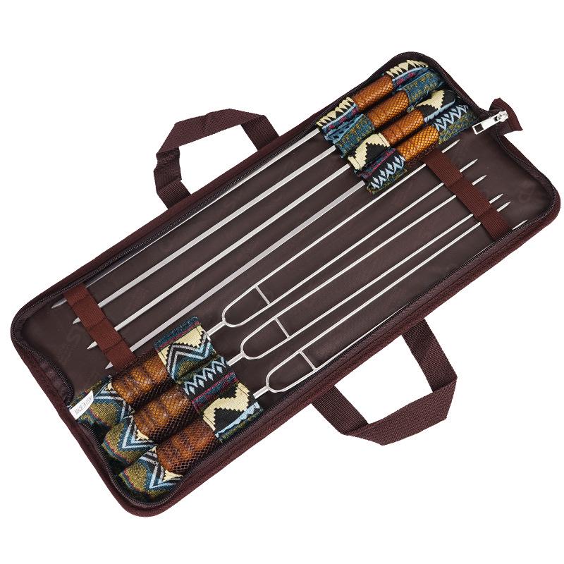 Korean Portable Outdoor BBQ Skewer Set: Stainless Steel U-Shaped Wooden Handle, 7-Piece.