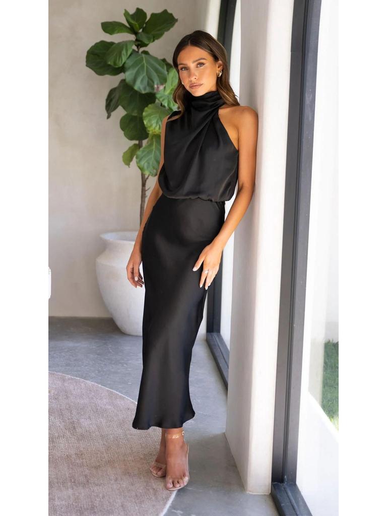 2023 Sommer Ärmelloses Neckholder Satin Kleid – Elegante Einfarbige Damenbekleidung