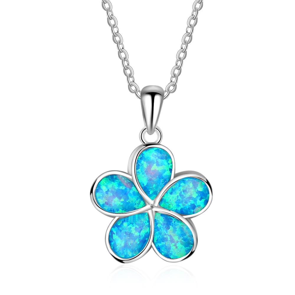 Boho Fashion Flower Pendant Necklace for Women Girl Charm Blue Imitation Opal Necklace Trendy Wedding Party Jewelry