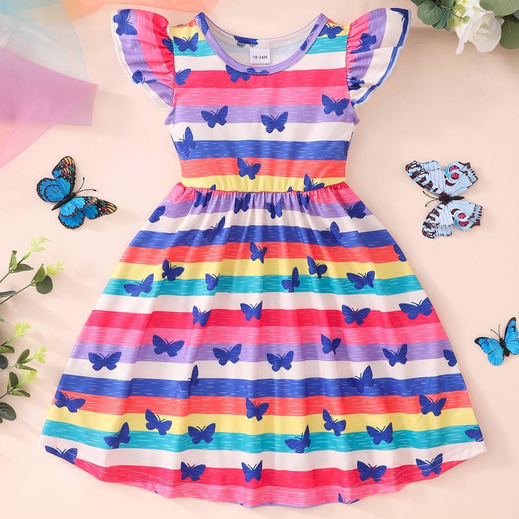 Preschool Dress Cartoon Dinosaur Butterfly Princess Summer Ruffled Sleeves Tie Dyed Rainbow Party Set