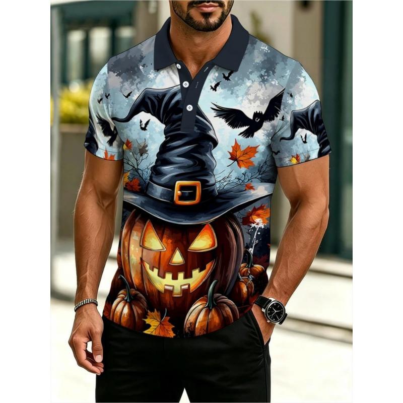 Maglietta Polo Uomo Stampa Zucca di Halloween Manica Corta Traspirante con Bottoni Polo Casual per Feste Festival di Halloween Top Polo