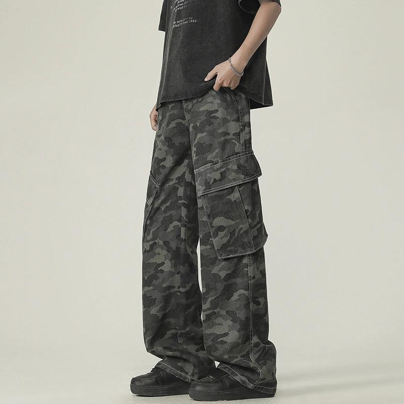 Pantalones de Trabajo de Camuflaje de Primavera para Hombre y Mujer, Tubo Recto de Corte Holgado, Multibolsillo de Pierna Ancha Casual