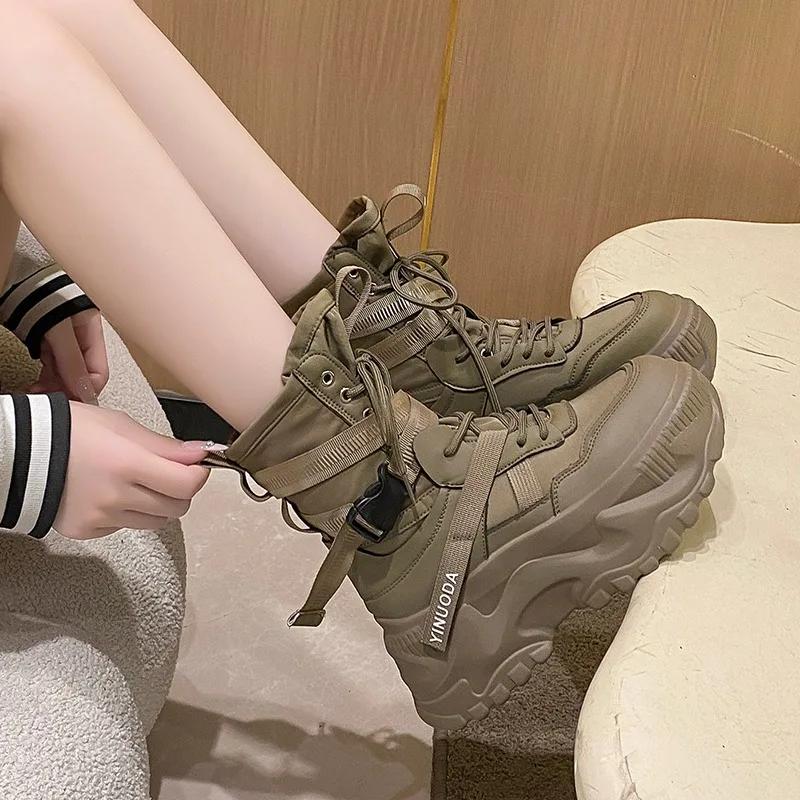 Fashion Hot Fashion Women Chunky Platform Motorcycle Boots White Lace Up Thick Bottom Shoes Woman Autumn Winter Ankle Botas De Mujer