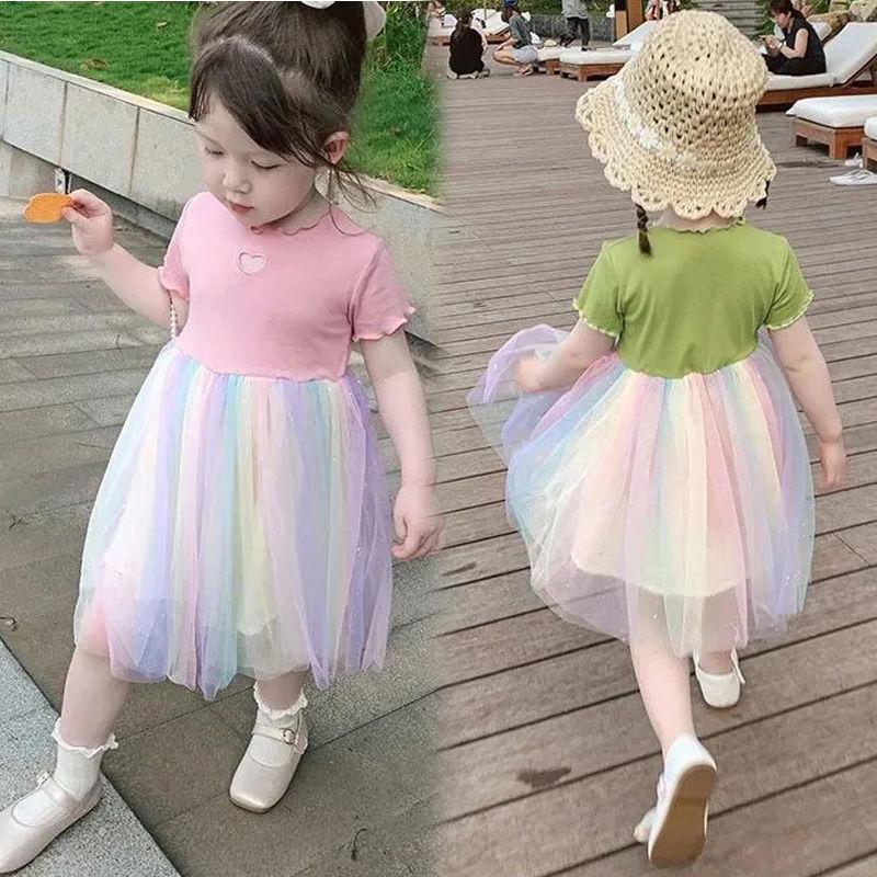 2026 Girls' Korean-Style Rainbow Princess Dress: Trendy Summer Gauze Skirt