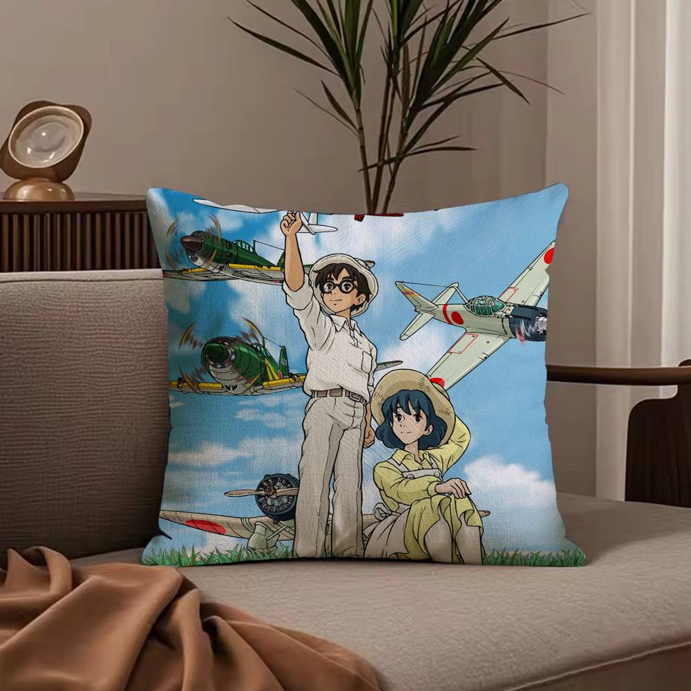 Cartoon W-Wind R-Rises Pillow Case Anti-dustmite Pillowcase Invisible zipper silky short plush Sofa cushion cover