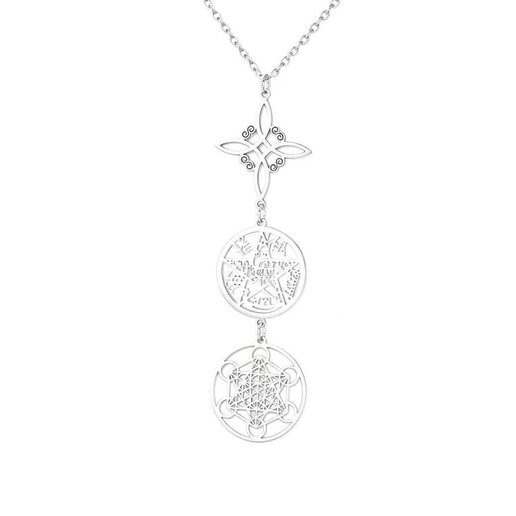 Stainless Steel Double Pendant Necklace with Witch Knot & Star