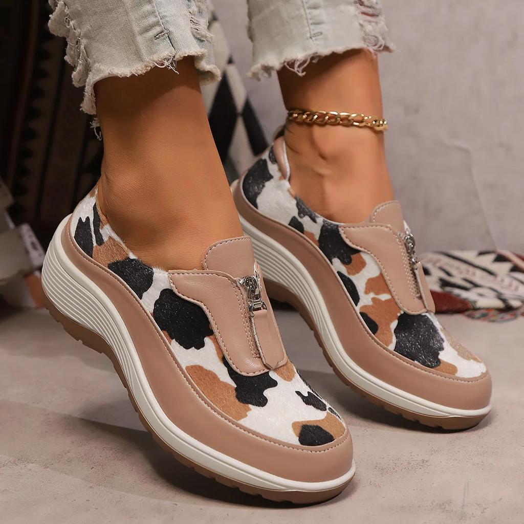 Slope Heel Thick Sole Sneaker 43 Large Size Front Zip Shoes Women 2024 Shallow Mouth Casual Woman Low Shoes Zapatillas De Mujer