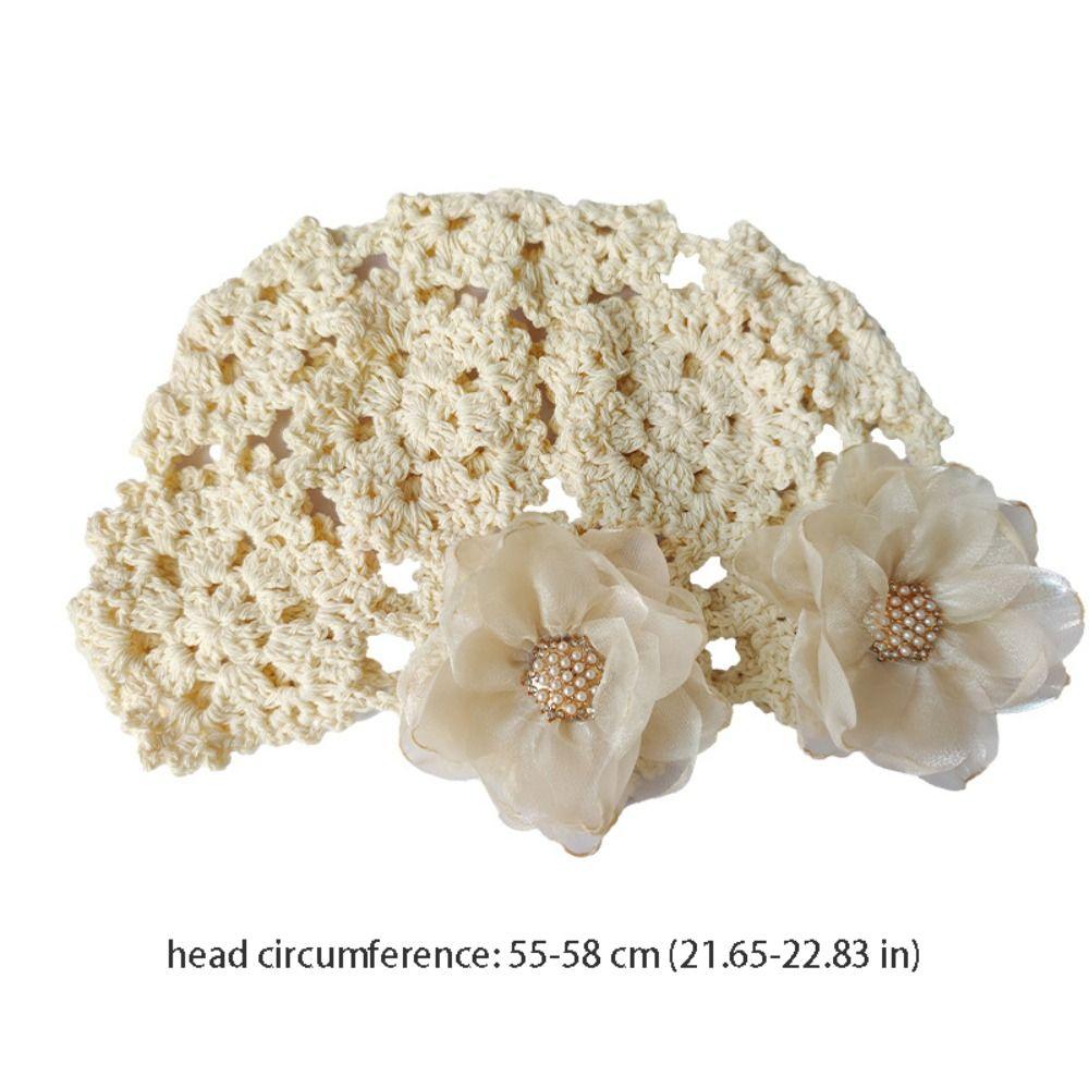 Retro Pearl Hollowed Out Knitted Hat Floral Thin Bohemian Style Beanies Korean Elegant Weave Cap Outdoor