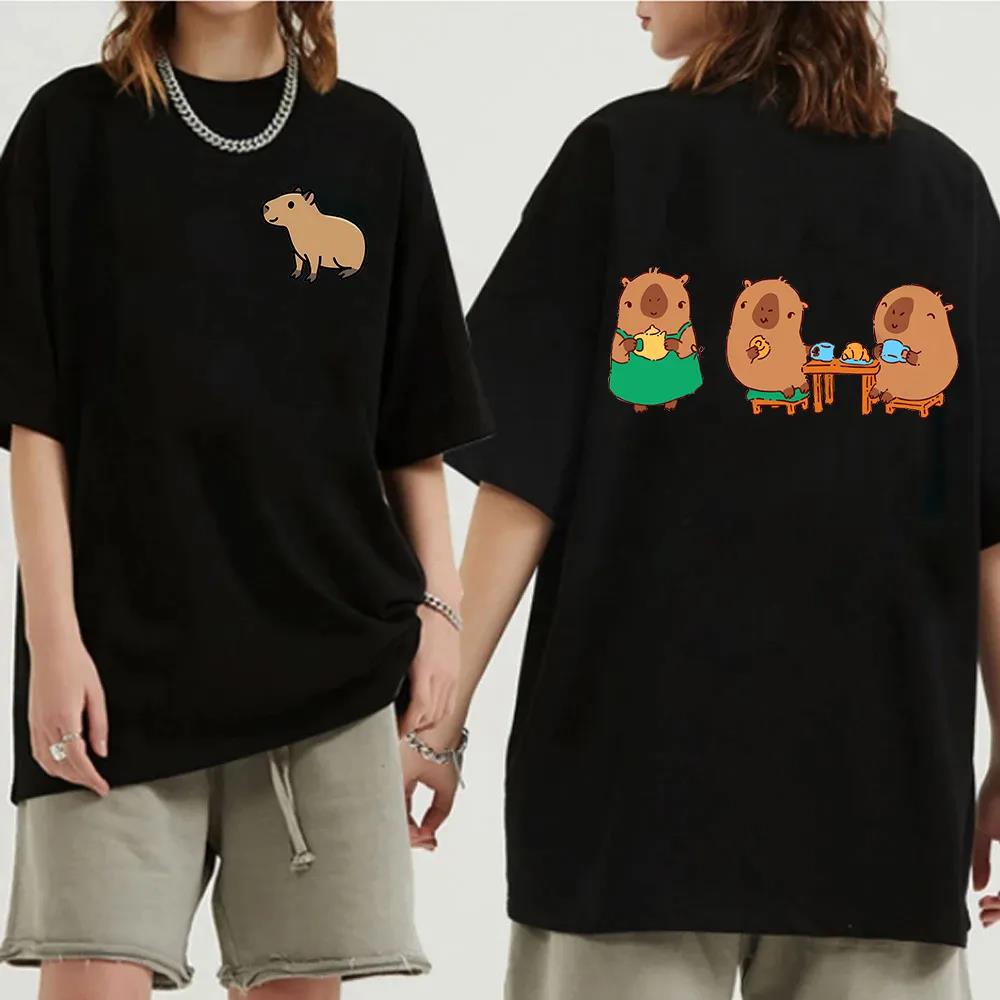 Funny Animals Capybara Cartoon Print Fashion Harajuku Harajuku Short Sleeve T-shirt Clothing Street Tops Tees Aesthetic Clothes