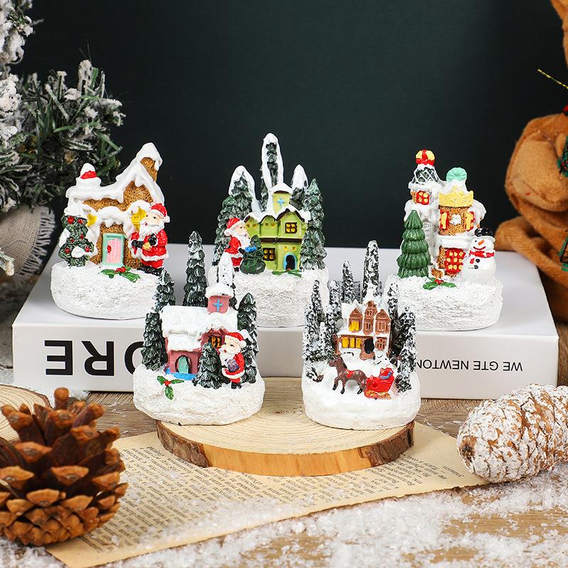 Christmas Cartoon Glowing Small House, Santa Claus, Snowman Miniature Landscape Resin Figurine, Christmas Decoration Item