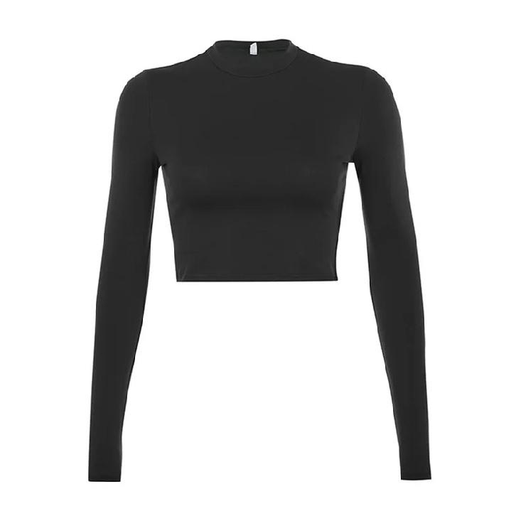 Solid Basic Long Sleeve Womens Tshirt Casual Black White Fashion Crop Top T Shirt Ladies Fashion Korean Tee Shirt