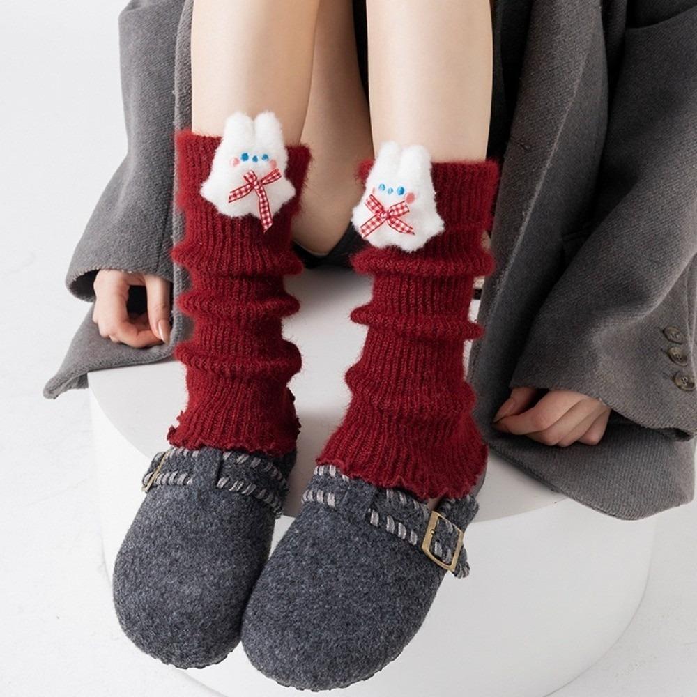 New Red Color Leg Warmers Thickened Bow Middle Tube Socks Harajuku Knitted Hosiery Autumn and Winter