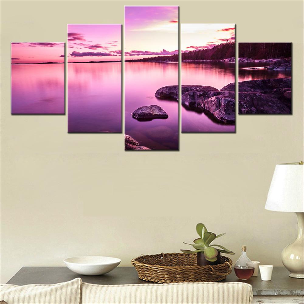 5 Pieces Canvas Wall Arts Poster Paitning Nature Purple Sunset Lake Wallpaper Landscape Home Decor Picture Printing Artwork