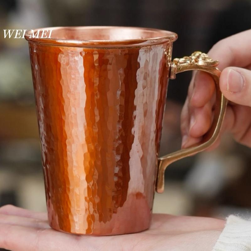 Vintage Pure Copper Coffee Mug,360 ml Cold Drink Cup, For Camping Handcrafted Luster Hammer Texture Home Tea Cup Drinkware