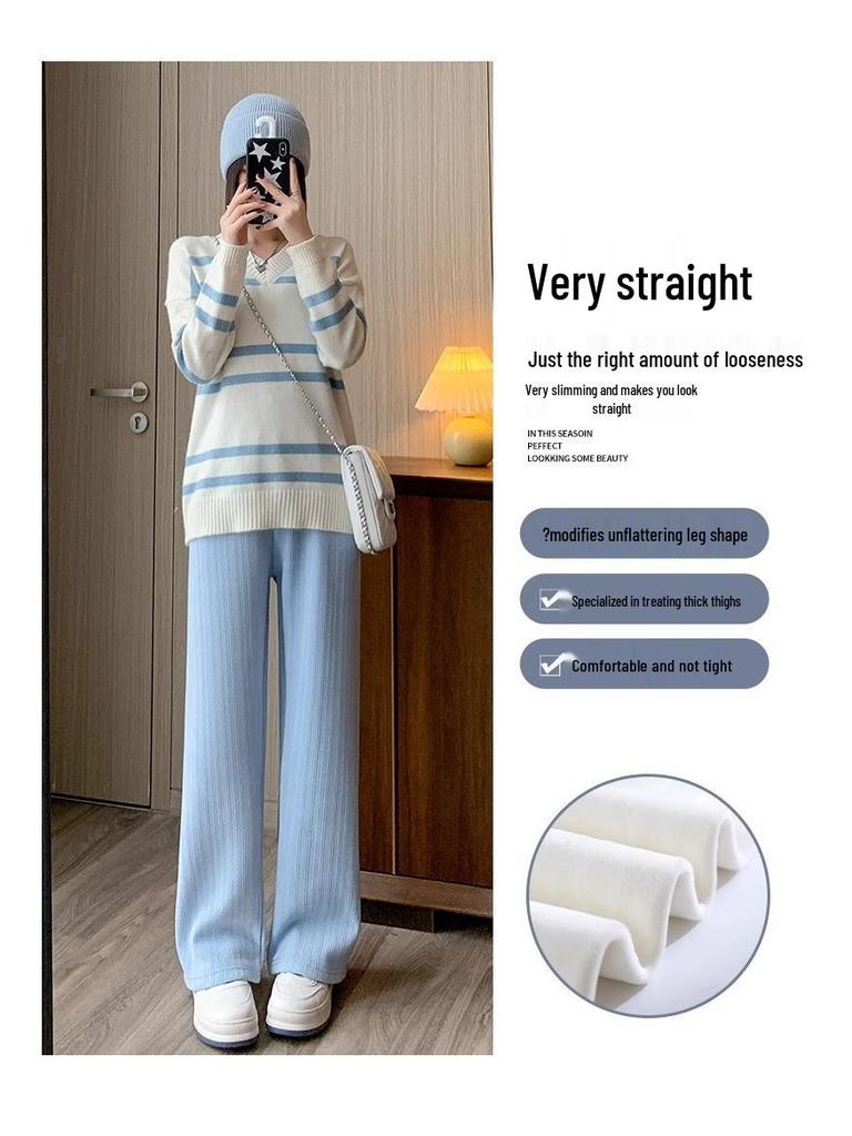 Petite Chenille Wide-Leg Pants: Women's Autumn/Winter Fleece-Lined High-Waist Knit with Wheat Ear Pattern.