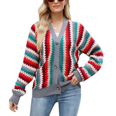 Women Open Front Sweater V Neck Color Blocking Striped Loose Fit Button Up Knit Outerwear Grey XL
