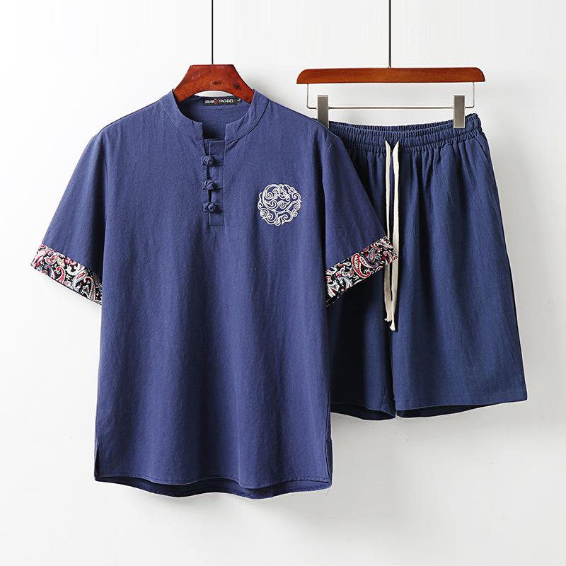 

Мужская летняя футболка с тонкими пуговицами, льняной костюм с короткими рукавами, модный китайский стиль, мужской хлопок и лен, комплект из двух предметов с воротником-стойкой в ​​стиле ретро M ультрамарин синий