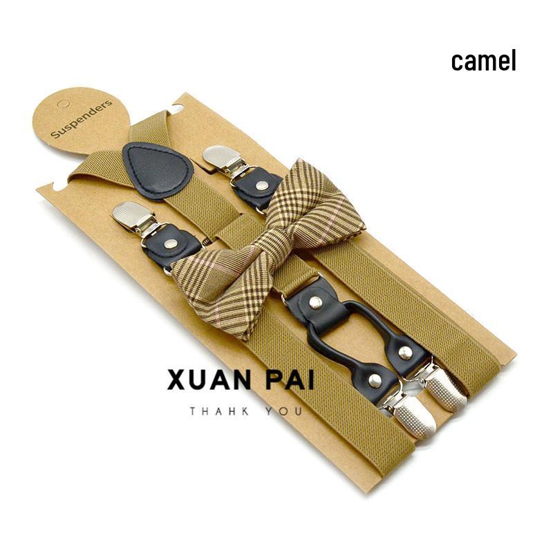 Adult Unisex 4-Clip Elastic Suspenders & Bow Tie Set, Non-Slip, Solid Color, 2.5cm