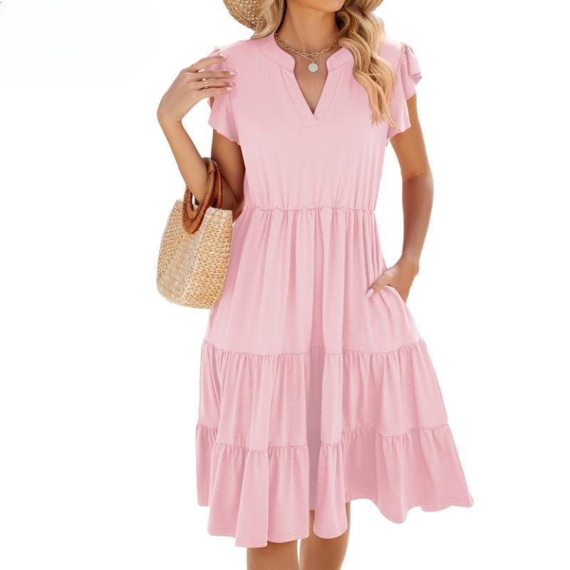 Women's Fashion Summer Spring Solid Color Print Short Sleeve V-Neck Loose Waistline Casual Dresses