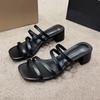 2025 New Black Strappy Sandals Fairy Fairy Wind Mid-heeled Cool Slippers Female Outer Thick Heel with Women's Shoes
