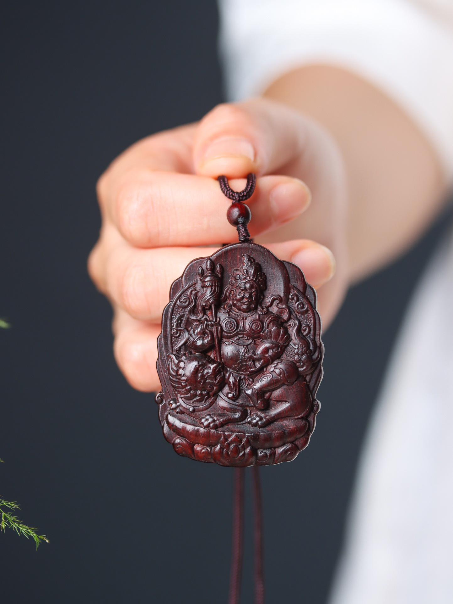 Small-Leaf Rosewood Daikokuten & Yellow Jambhala Wealth Qilin Vajra Pendant