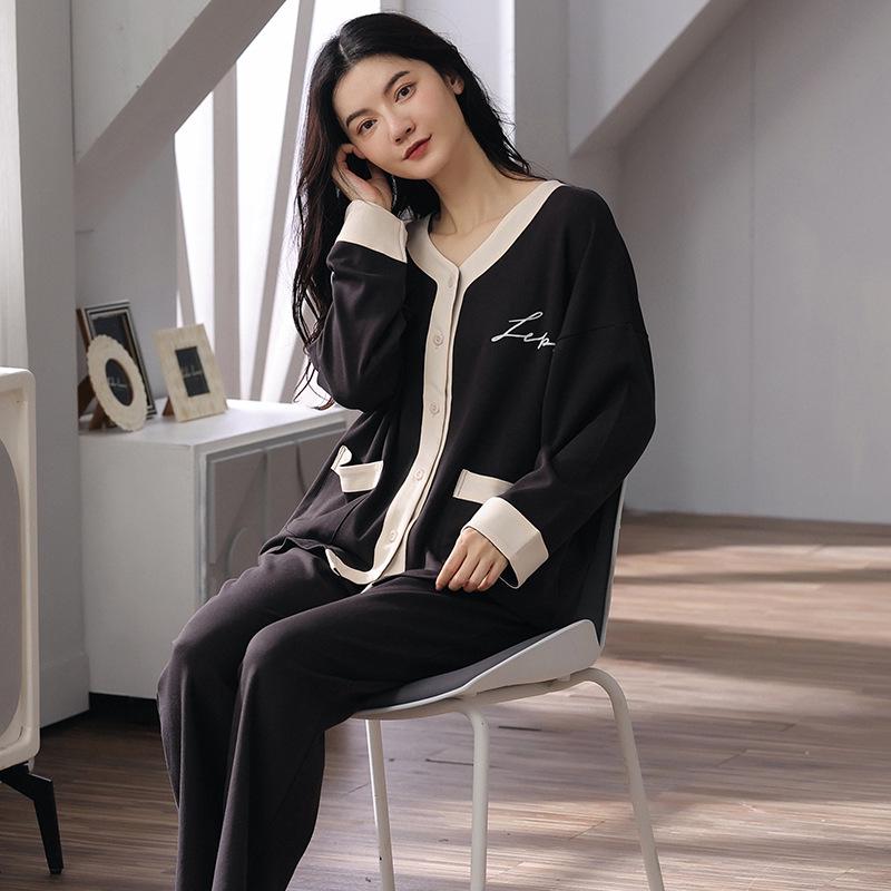 Women's Cotton Pajama Set: Long Sleeve Cardigan with Long Pants, Plus Size, Simple and Casual for Spring & Autumn.