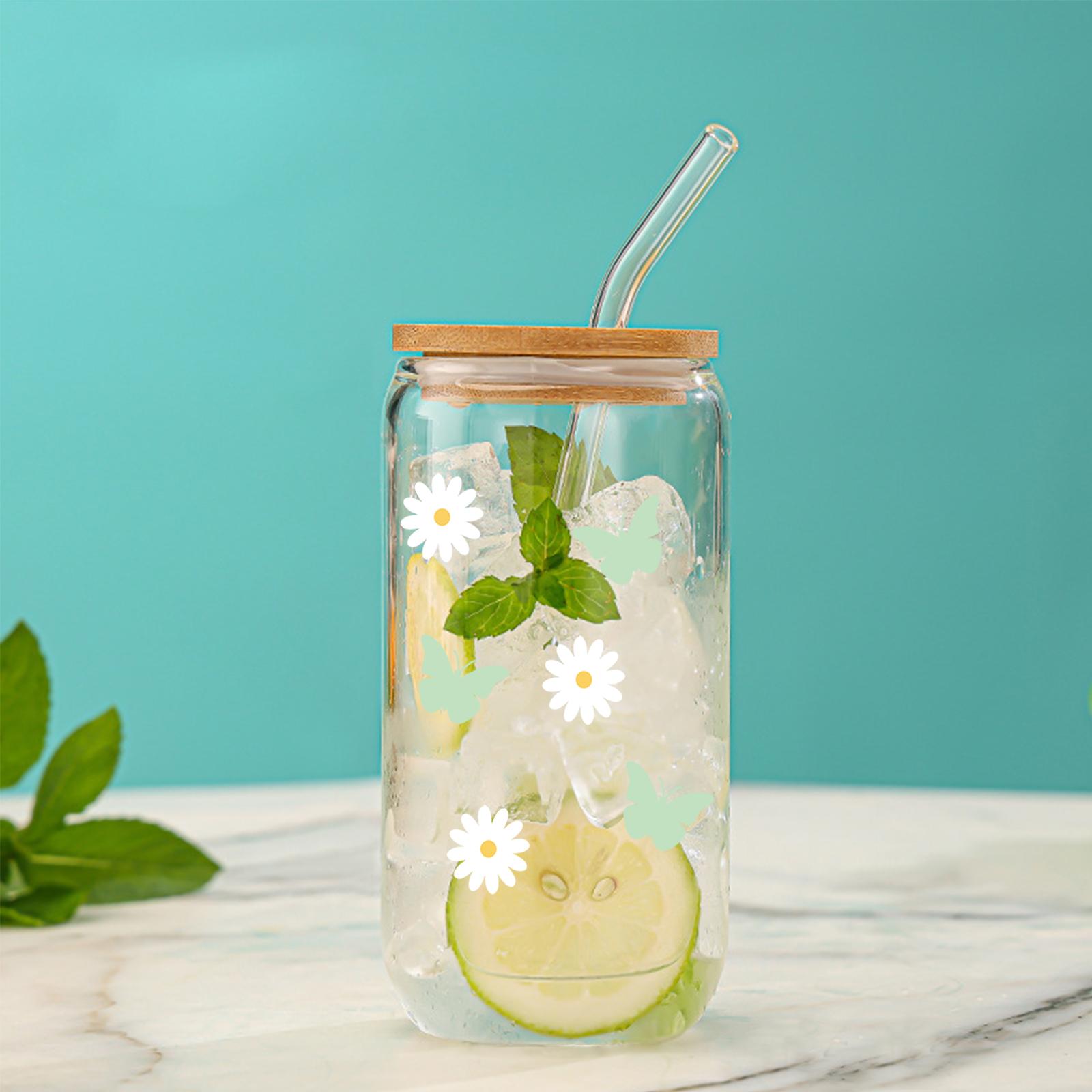 

Маленькие ромашки Прозрачный стакан для питья Банка с бамбуковой крышкой Соломинка Чашка для сока, кофе, молока для горячих/холодных напитков Посуда для напитков для подарков 500ml