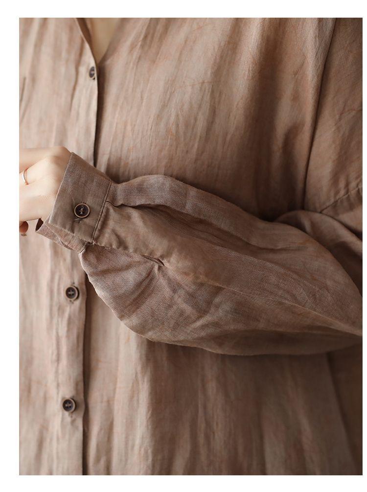 2026 Spring Women's Retro Cotton Linen Dark Pattern Mid-Length Cardigan Shirt