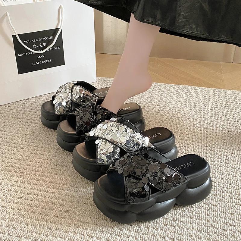 8CM Bling Woman Platform Sandals Ladies Elegant Beach Women's Shoes Flats Summer Sandals Women Designer Shoes Girls Slippers