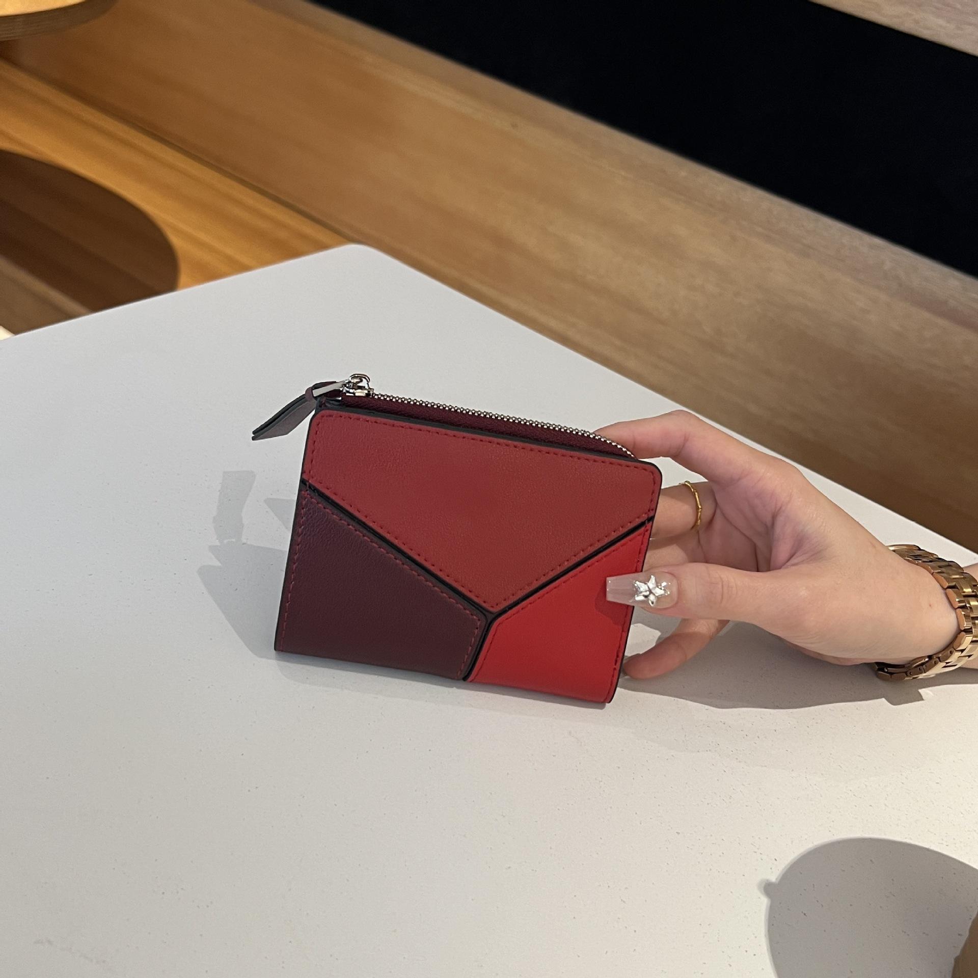 First Layer Cowhide Color Matching Short Wallet Women S Clutch Bag Fashionable Large Capacity Zipper Wallet бордовый