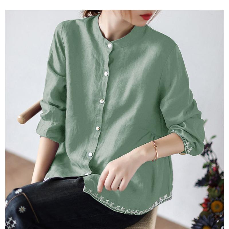 Women S Summer Stand Collar Cotton Linen Long Sleeve Loose Plus Size Shirt