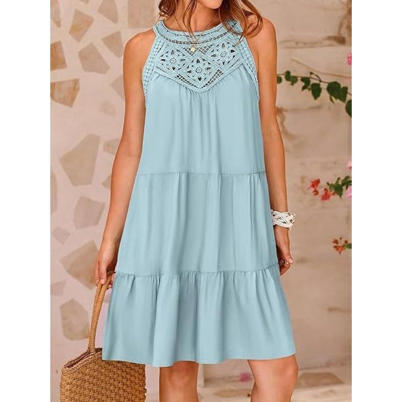 Summer Hollow Back Dress Casual Sleeveless A Line Layered Swing Vest Skirt Beach Vacation Mini