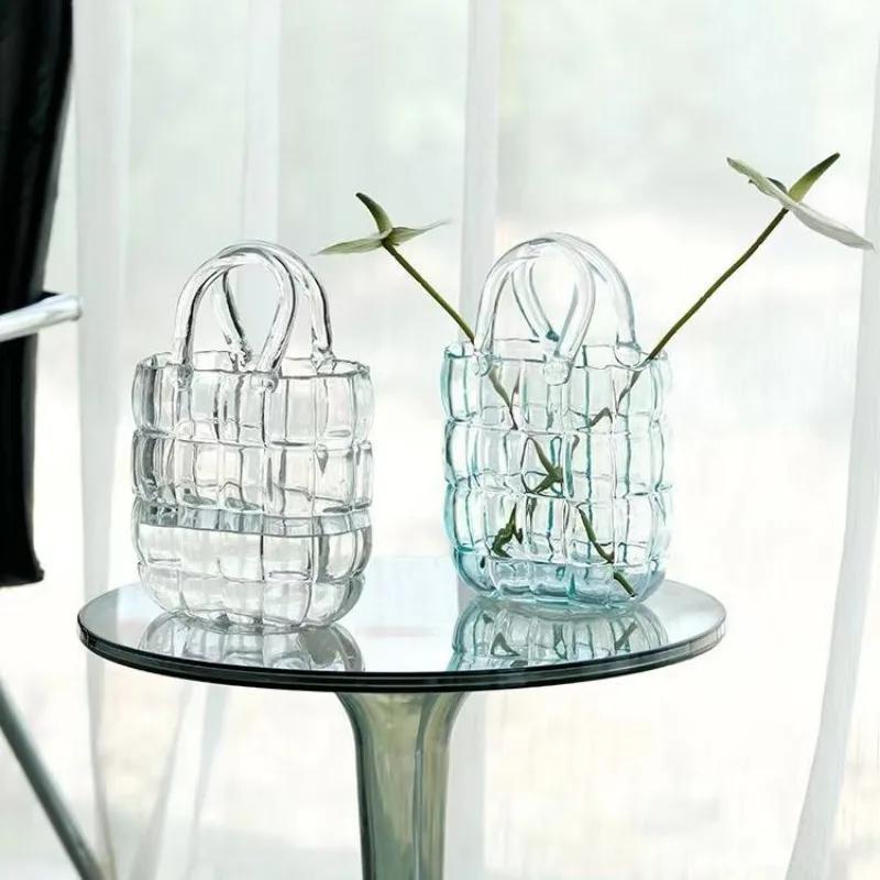 Clear Glass Vase Bag Handbag Basket Transparent Terrarium Flower Vase Floral Arrangement Accessories Living Room Decoration