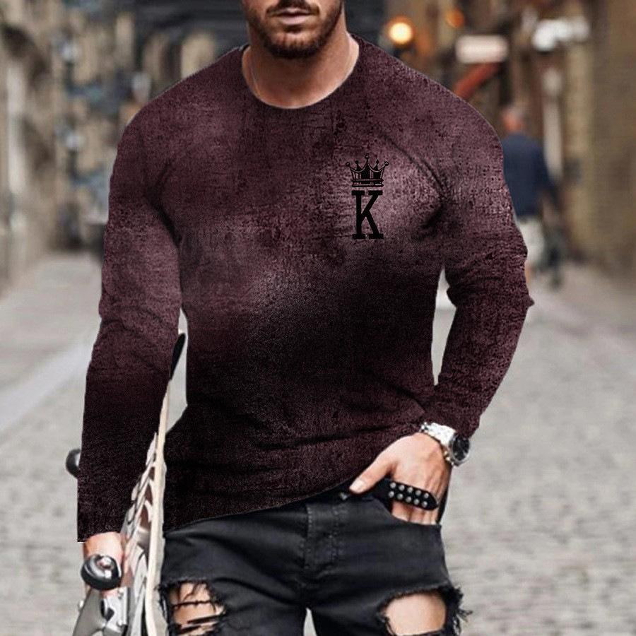 

Spring and Autumn Round Neck 3D Playing Cards Printed Top Fashionable Casual Long Sleeved Men s T-shirts S
