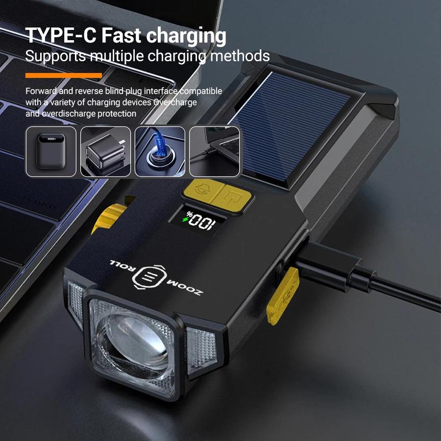 Bike Zoom Headlight 3600mAh Solar Power Bicycle Front Light Highlight LED Light with COB Red Side Lamp Durable Cycling Lights