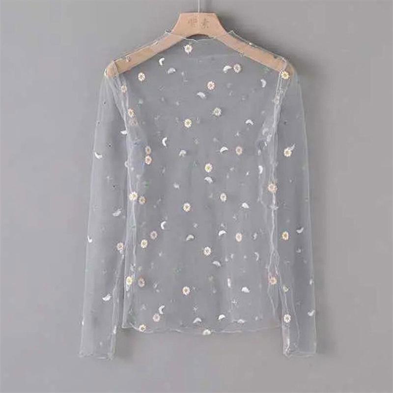 Women T Shirt See Through Transparent Mesh Tops Long Sleeve Sheer Turtleneck