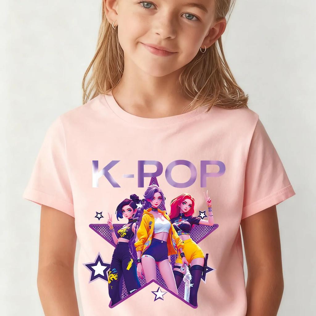 Girls' Street Style Korean Fashion T-Shirt 100% Pure Cotton Cool Korean Concert Style T-Shirt Suitable for Little Girls