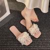 Fashion fairy style pearl bow one-word slippers female summer new casual square head open-toed flat-bottomed slippers female