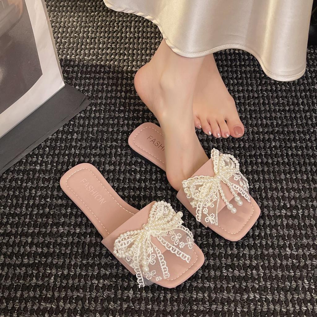 Fashion fairy style pearl bow one-word slippers female summer new casual square head open-toed flat-bottomed slippers female