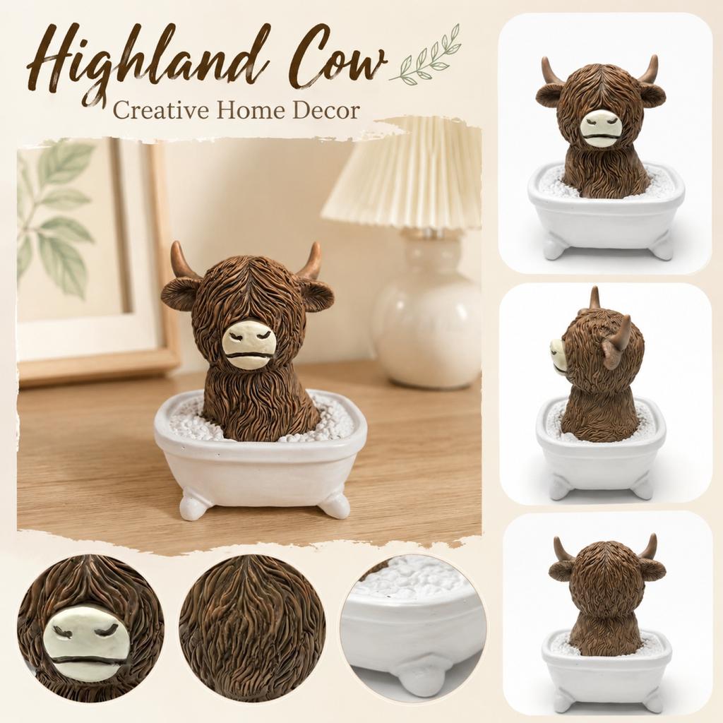 Resin Highland Cow Statue Decorative Figurine Sitting in Bathtub Desktop Ornament for Home Office Shelf Table Decoration