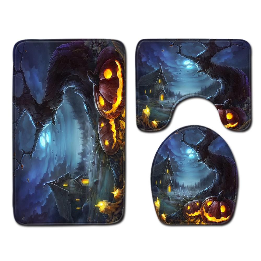 Halloween Shower Curtain Floor Mat Combination Four-Piece Set Bathroom Toilet Carpet Shower Room Foot Mat