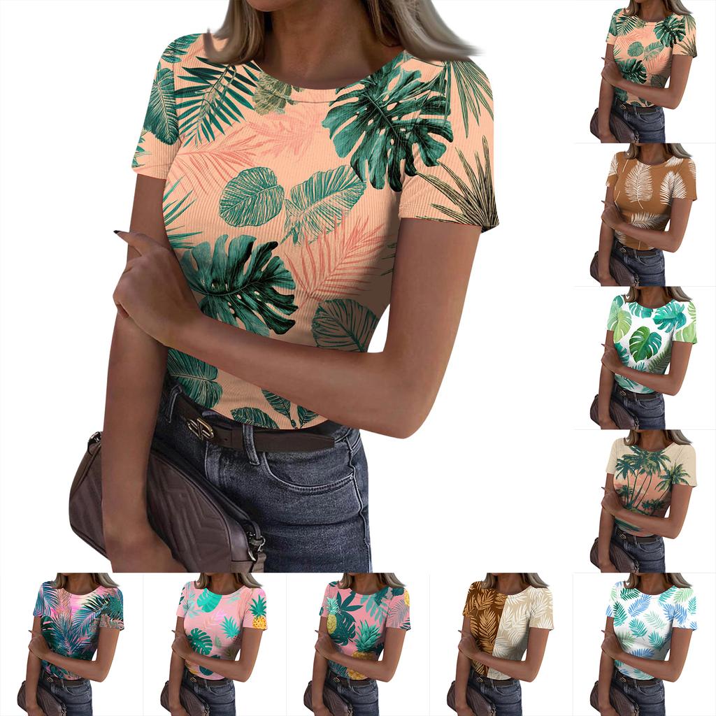 Women's Casual Fashion Round Neck Hawaiian Print Short Sleeve Ribbed Top