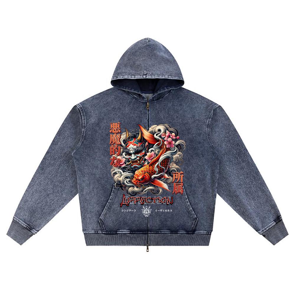 DTG print Knitted Denim Zip-Up Hoodie Japan Samurai Brother Print Zipper Hoodies  