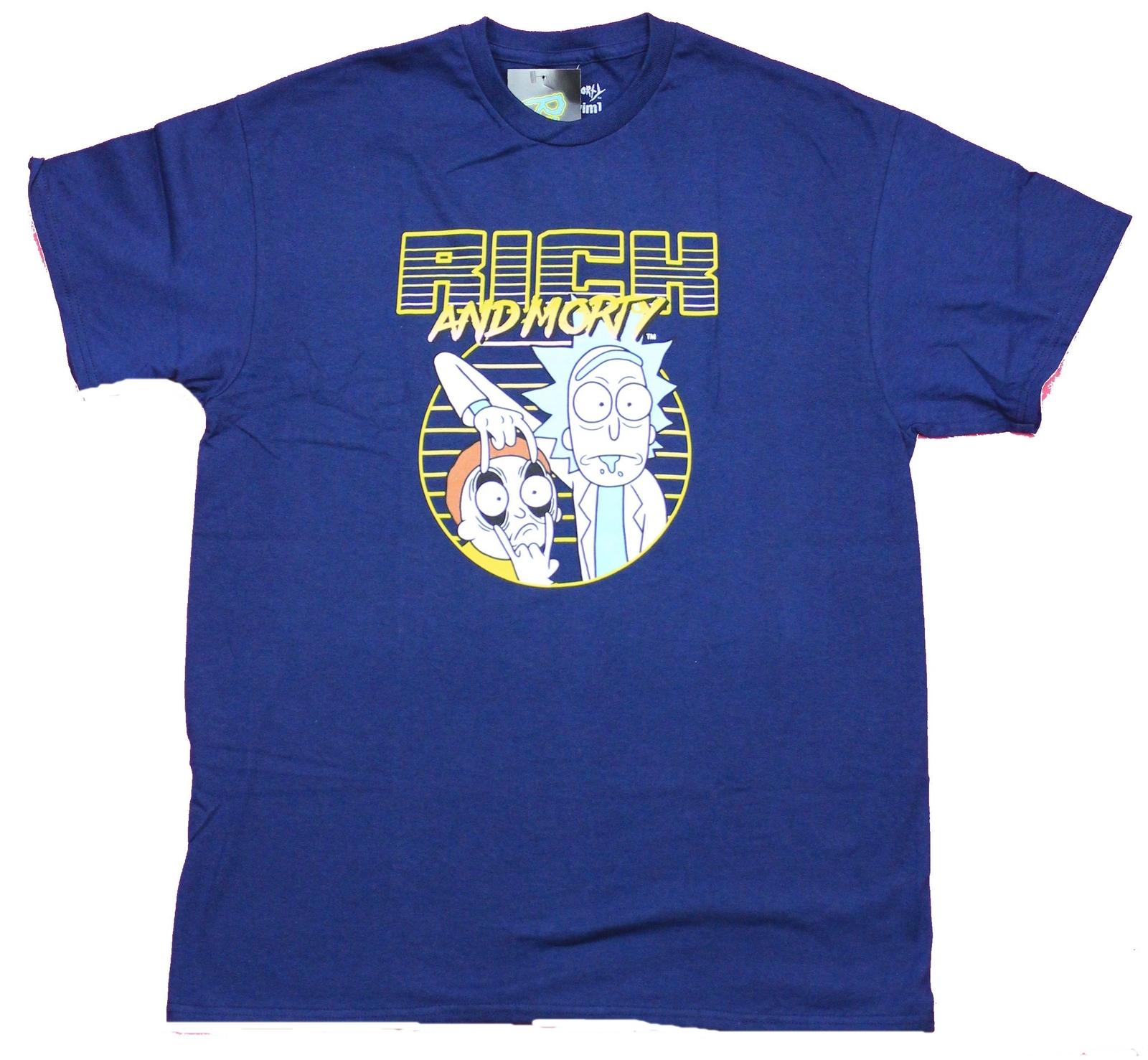 Rick & Morty Mens T-Shirt - 80s Style Logo Rick Holding Morty s Eyes Open L