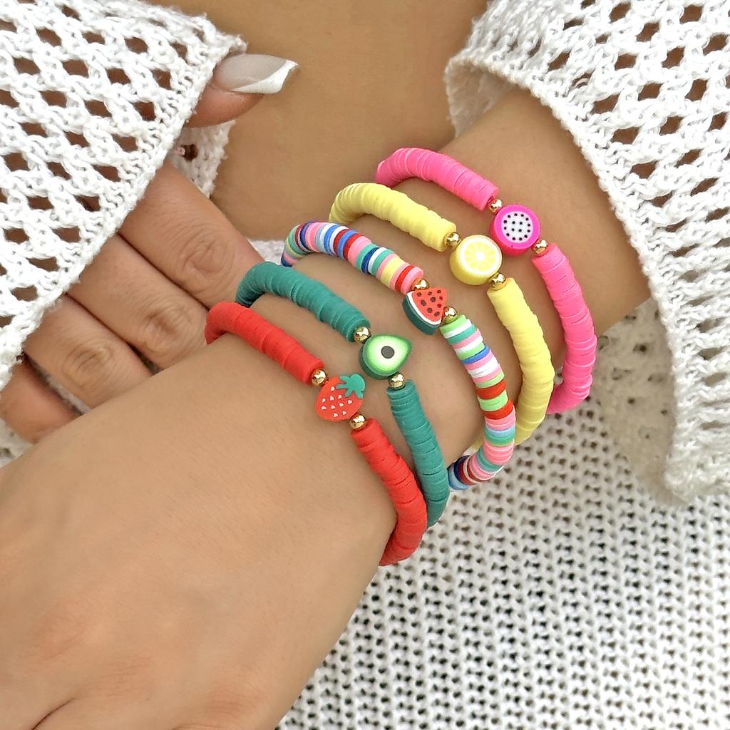 Bohemian Cute Sweet Fruit Charm Bracelets For Women Watermelon Strawberry Lemon Soft Clay Pottery Beaded Bangles Party Jewelry