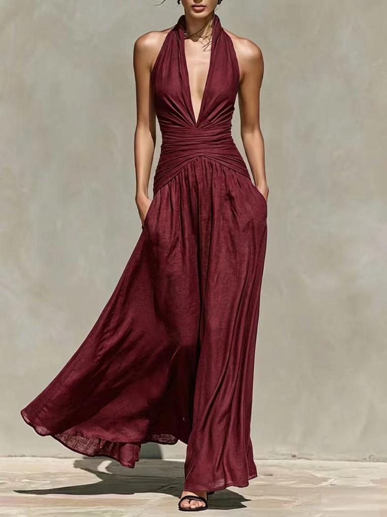 European and American sexy neck deep v-neck dress linen waist thin pendulum sleeveless long holiday dress