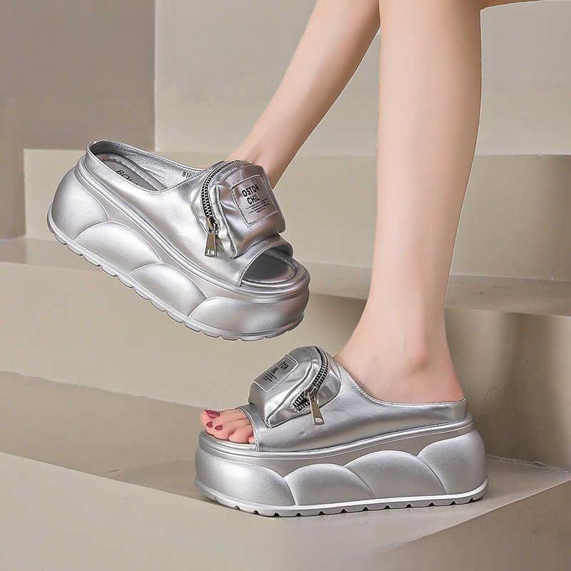 

Fashion Women s Summer Versatile Casual One-shoulder Slippers with A Thick Sole and Height-increasing Muffin Feel 35 серебряный