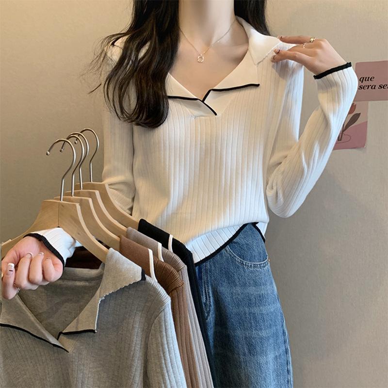 Polo Collar Knit Base Layer Women Spring Autumn Long Sleeve French Style Sweater Top