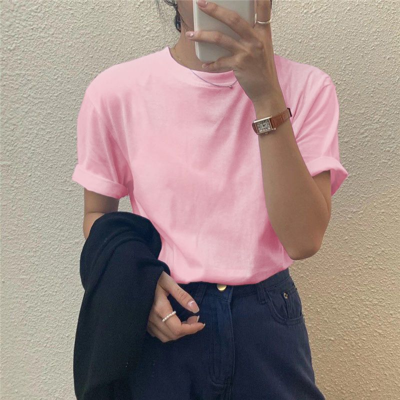 

Shoulder White Loose Plus Size Slim Looking T-shirt Short Sleeve Pink S