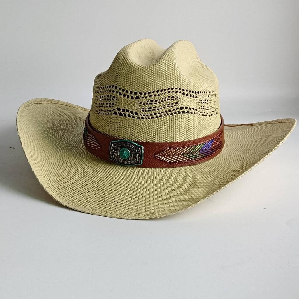 Straw Cowboy Hat Wide Brim Bull-Hide Bangora Women Pasture Straw Hat Cowboy Comfort Band Solid Summer Sombrero